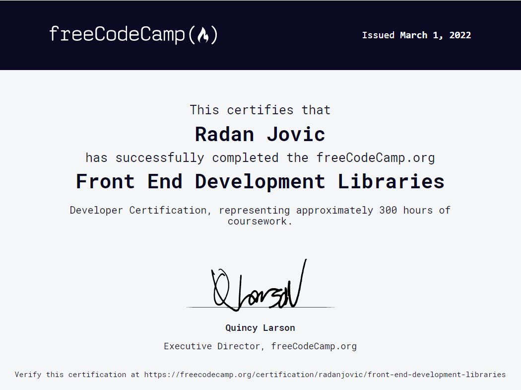 Front End Development Libraries Certificate