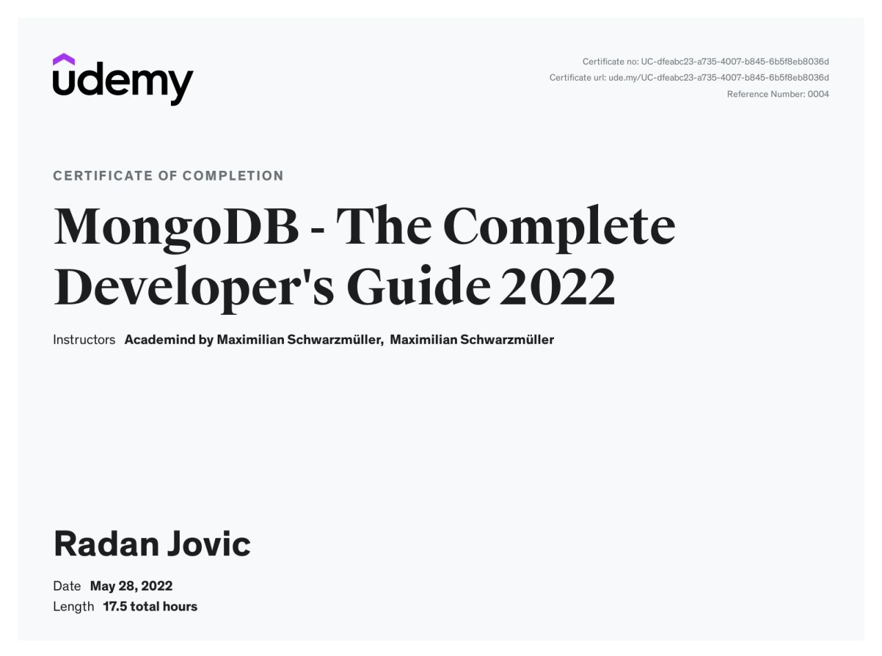 MongoDB - The Complete Developer's Guide Certificate