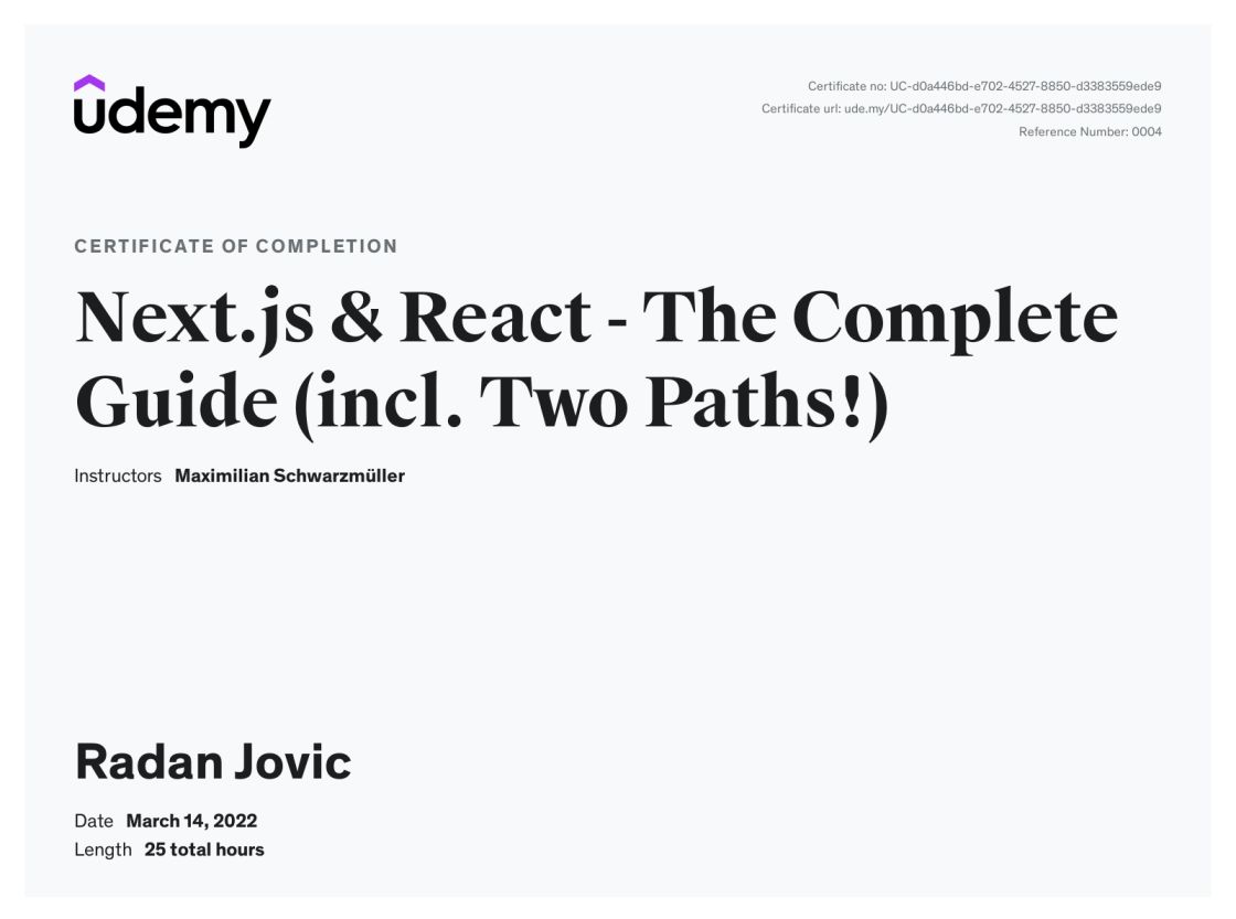 Next.js - The Complete Guide Certificate