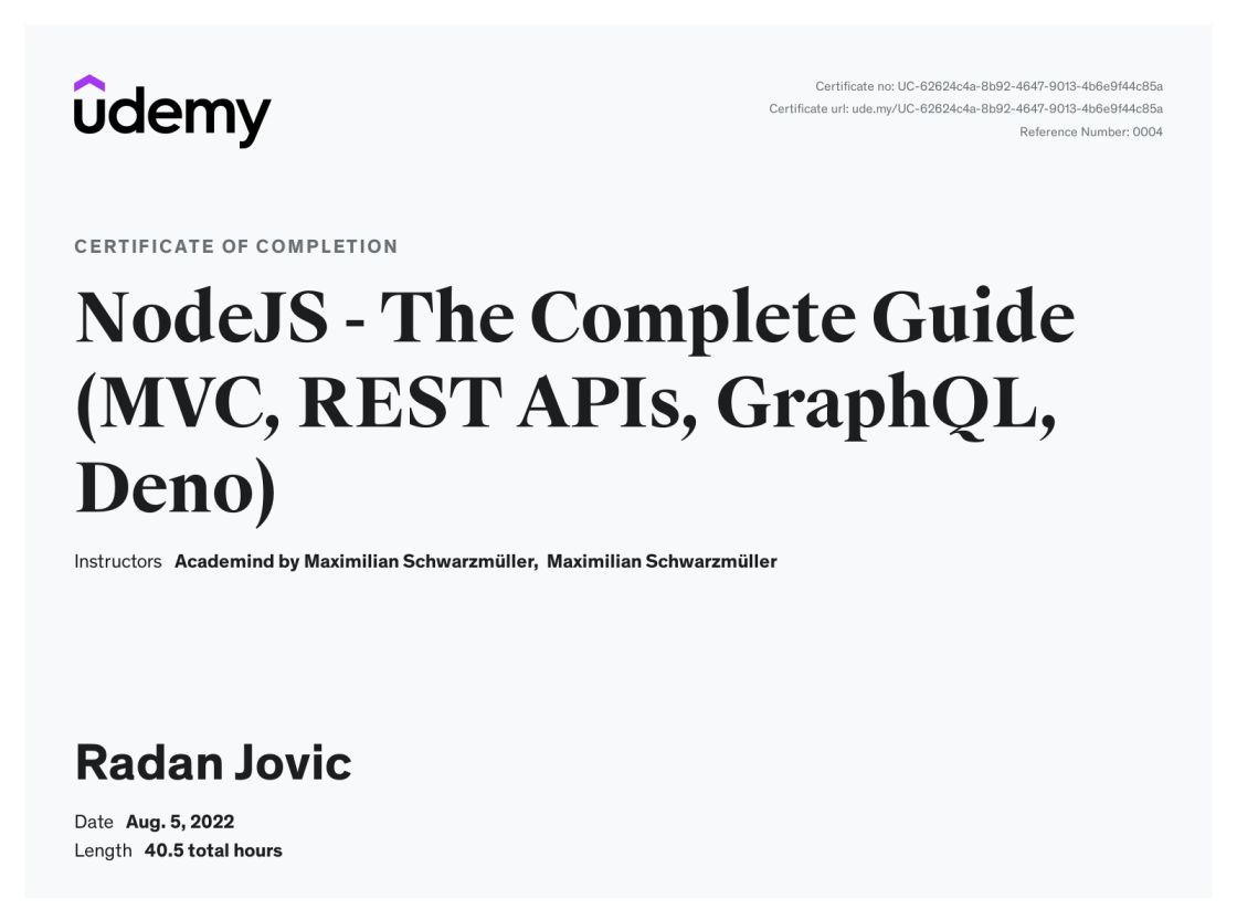 NodeJS - The Complete Guide (MVC, REST APIs, GraphQL, Deno) Certificate