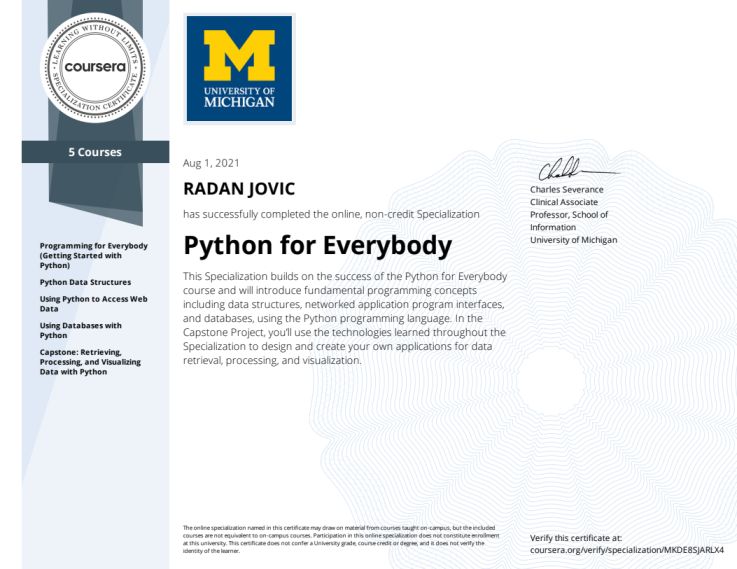 Python for Everybody - Specialization Certificate