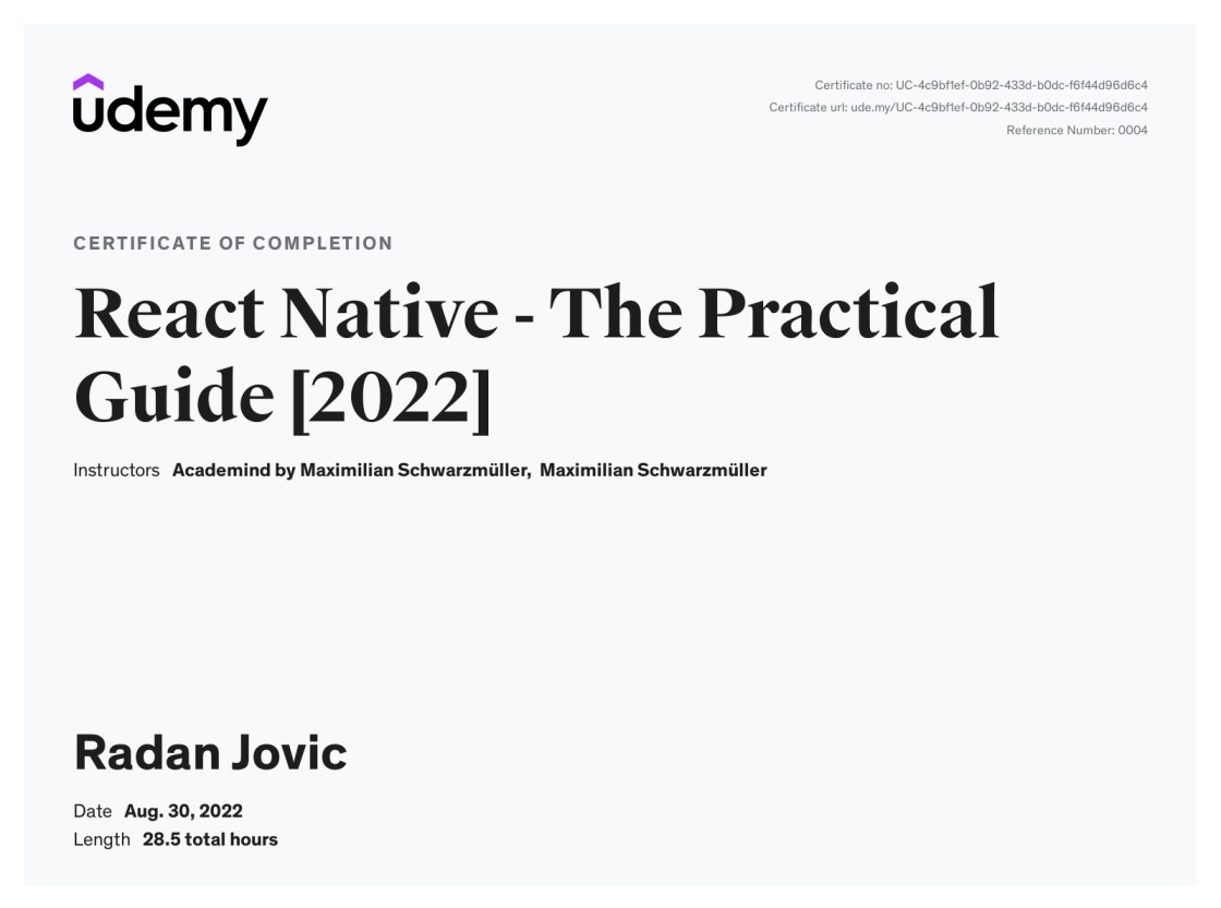 React Native - The Practical Guide Certificate
