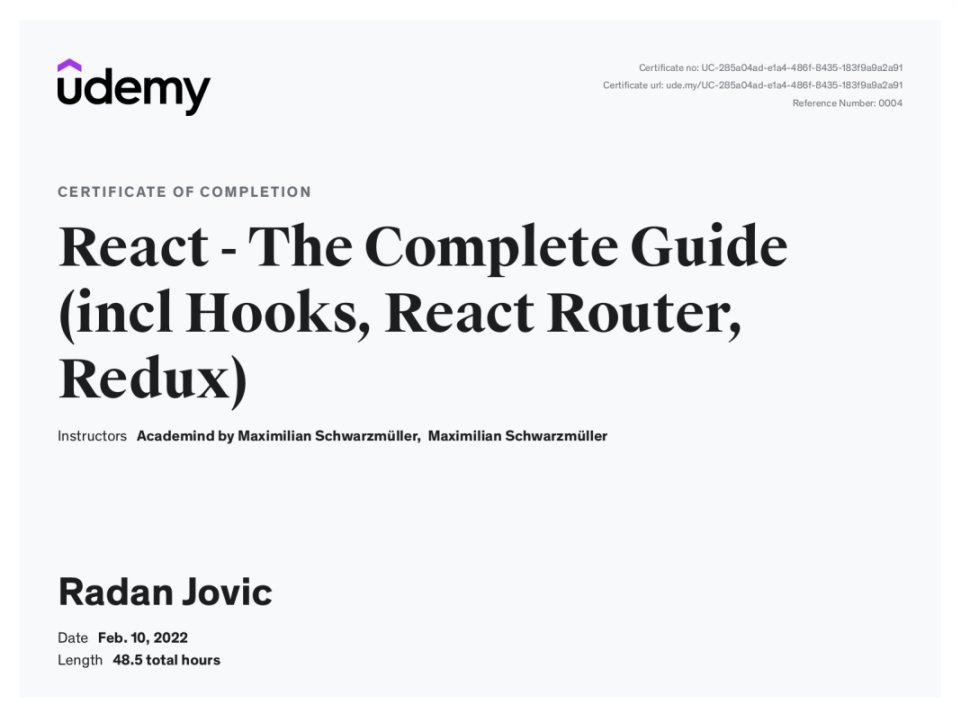 React - The Complete Guide Certificate