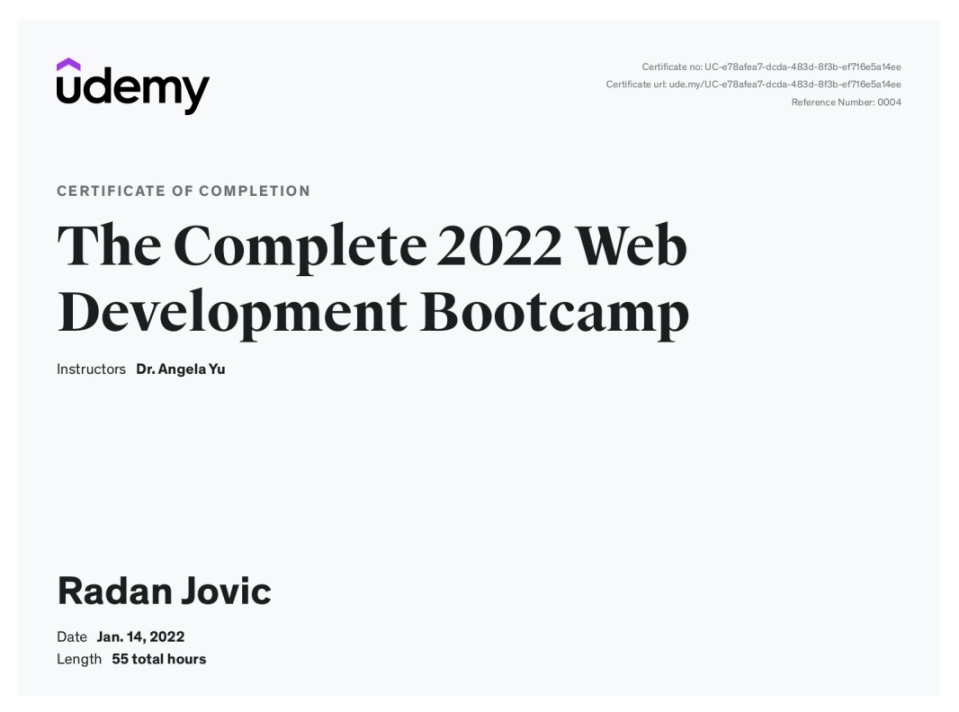 The Complete Web Development Bootcamp Certificate